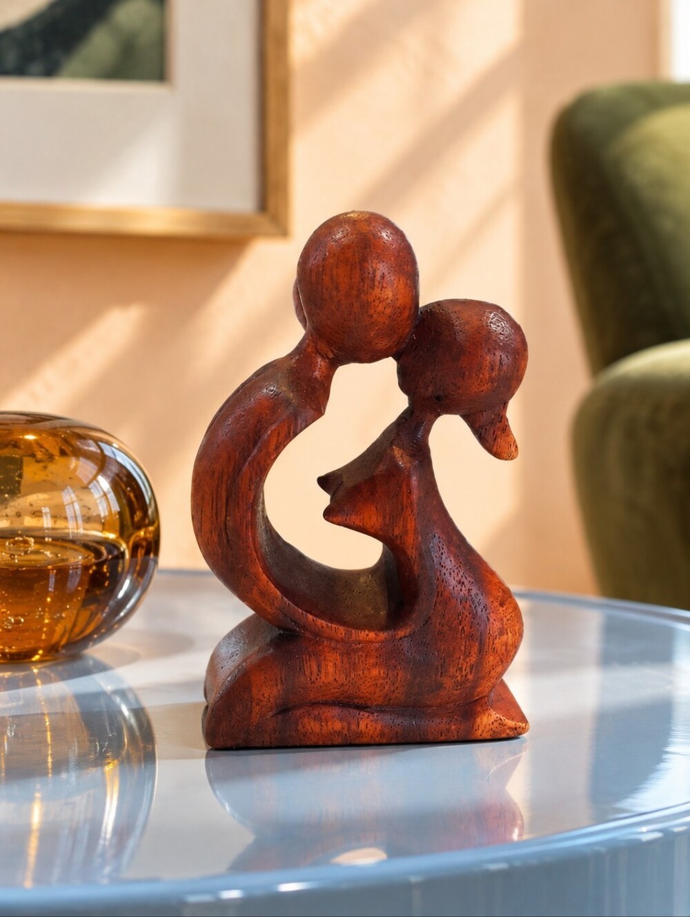 Hand Carved Suar Wood Kissing Couple Sculpture Bali Indonesia 4.5"